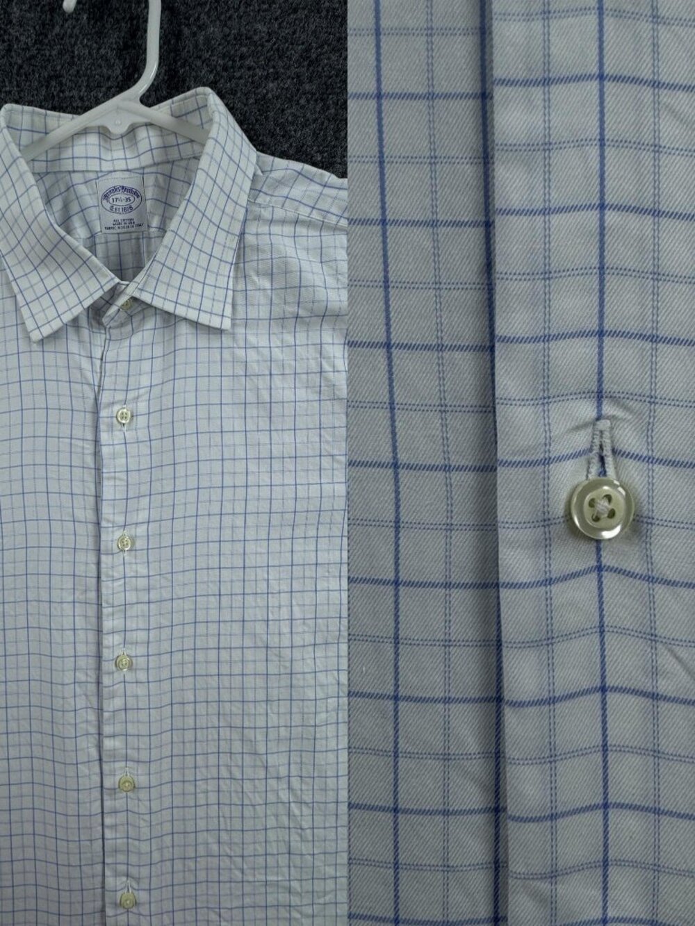 Brooks Brothers USA White Blue Check Button-Down 17.5 35 Mens Cotton Shirt Woven
